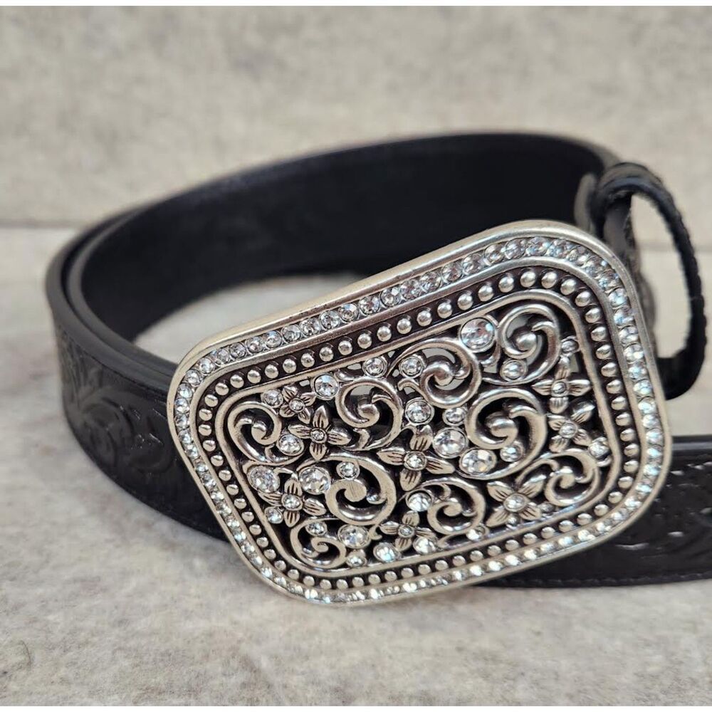 Ariat Women's Embossed Black Leather Belt Silver Crystal Buckle Size Large 36-38